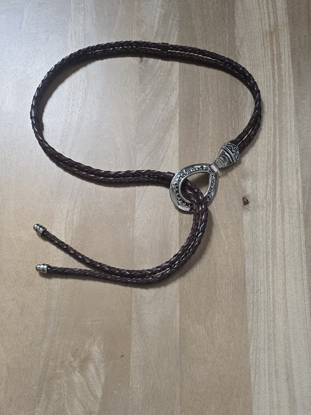 Vintage Brown Braided Leather Lariat Belt Silver Teardrop Buckle 48"